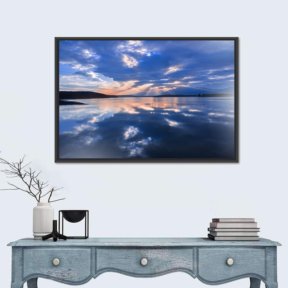 Cloudy Summer Lake Wall Art in a room, landscape