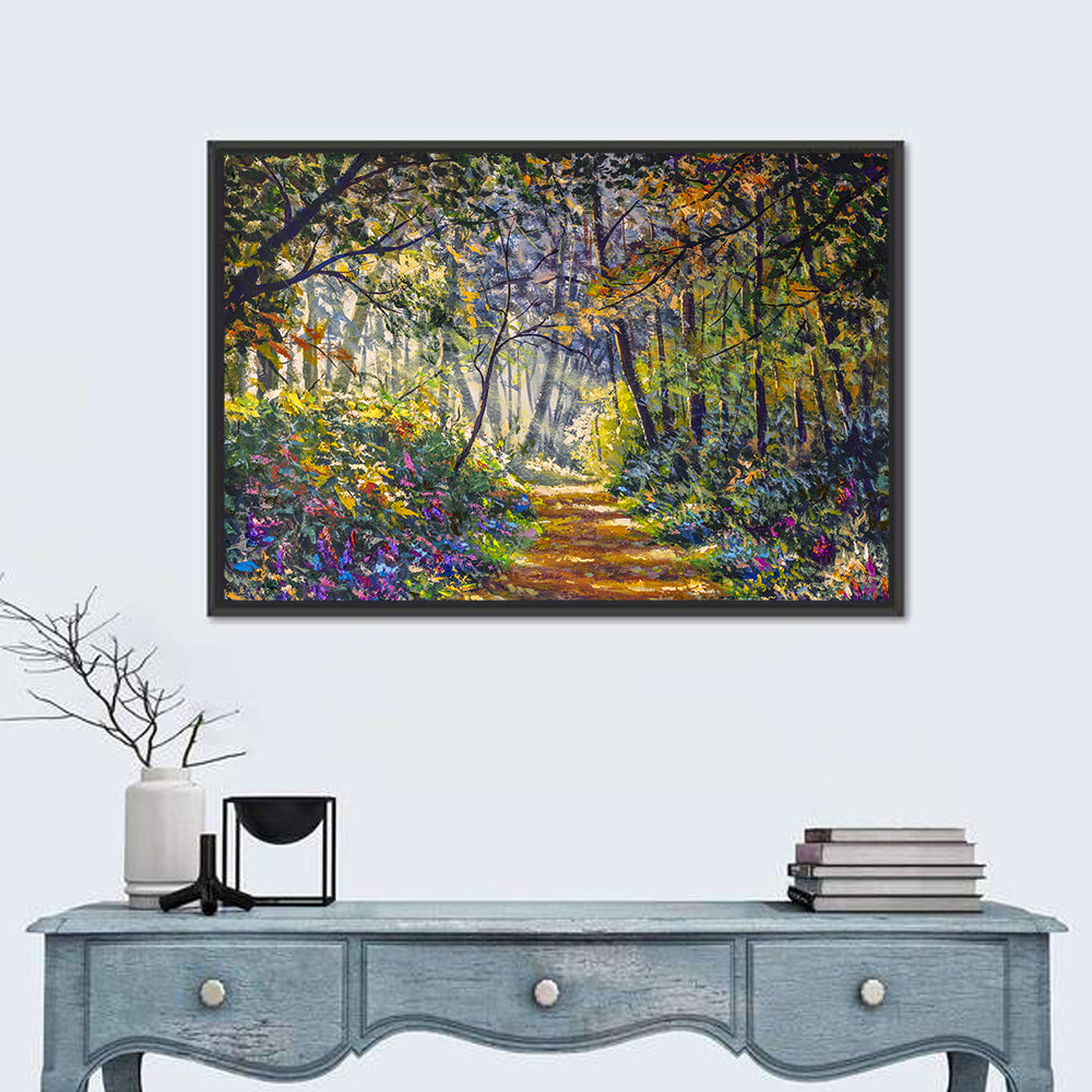 Sunlit Forest Path with Wildflowers Wall Art