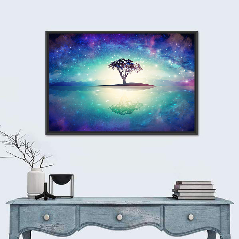 Glowing Island Tree Under Starry Nebula Wall Art