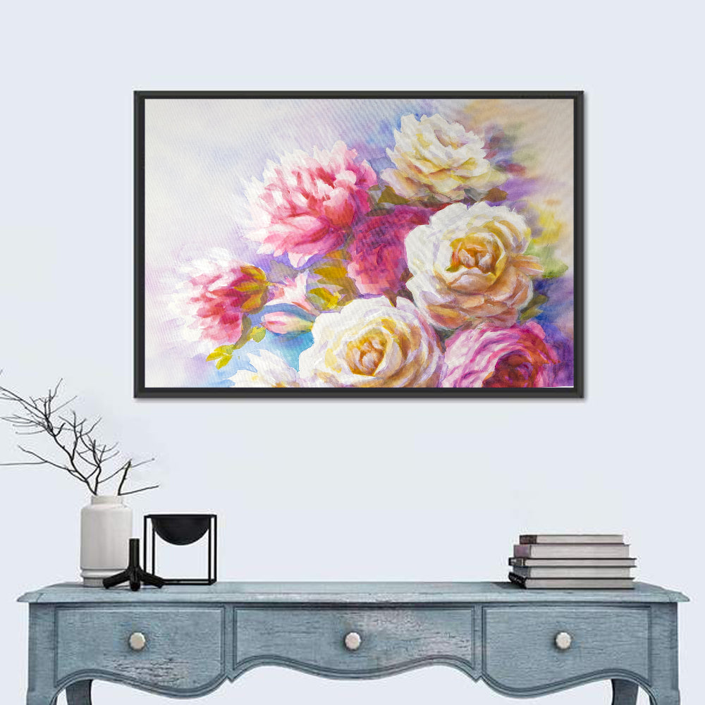 Watercolor Peony Bouquet Wall Art in a room, landscape