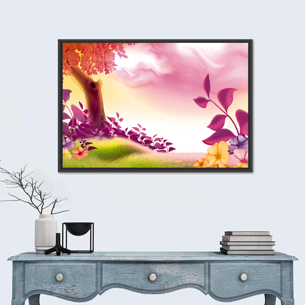 Dreamy Summer Meadow Illustration Wall Art in a room, landscape