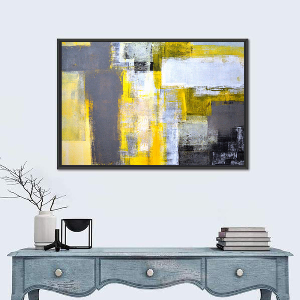 Yellow and Gray Color Block Abstract Wall Art in a room, landscape