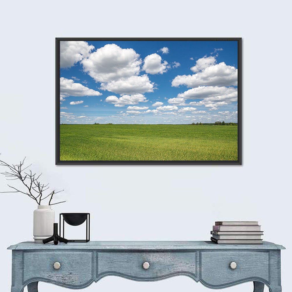 Cloud Filled Sky Over Meadow Wall Art in a room, landscape