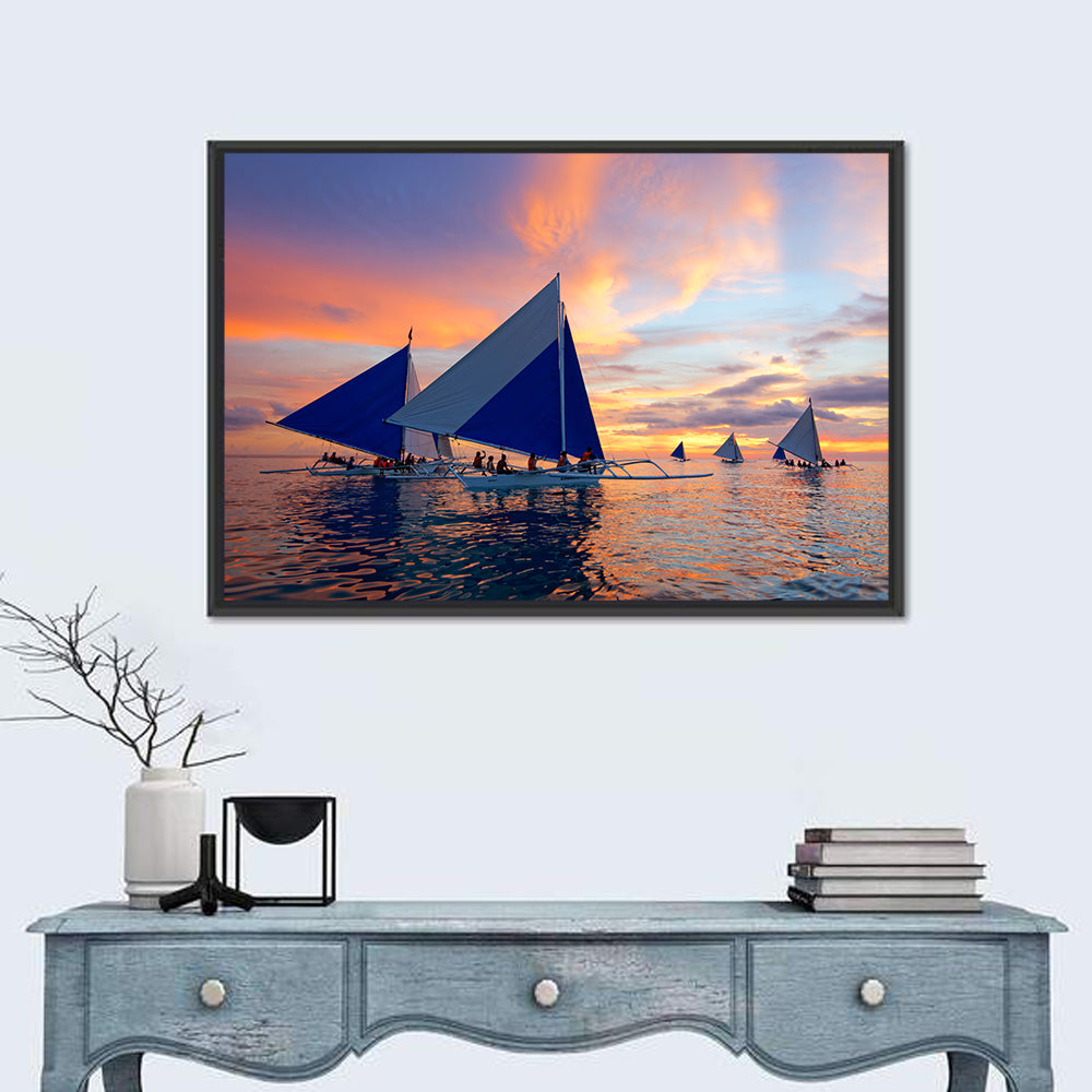 Outrigger Sailboats at Sunset Wall Art in a room, landscape