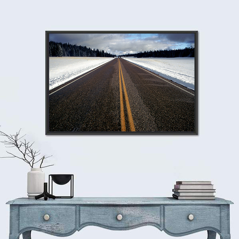 Winter Road Through Pine Forest Wall Art in a room, landscape