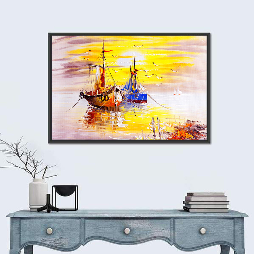 Golden Sunset Sailing Boats Wall Art