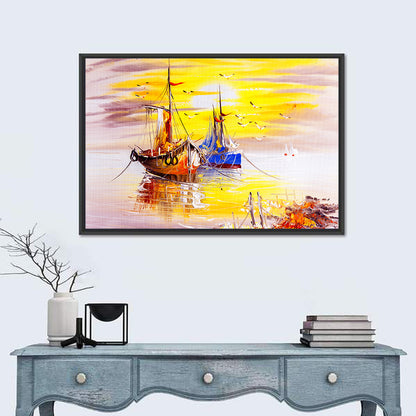 Golden Sunset Sailing Boats Wall Art