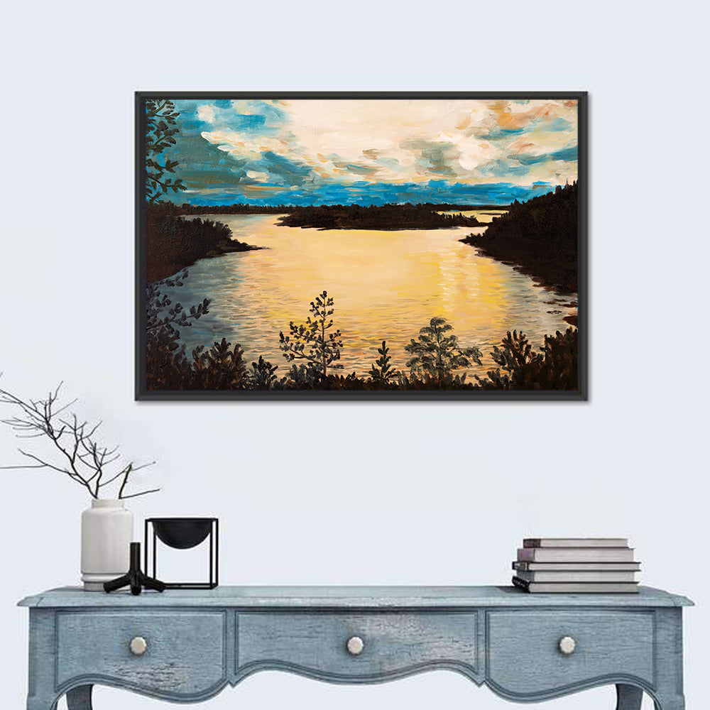 Golden Lake Sunset Painting Wall Art