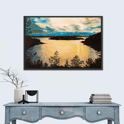 Golden Lake Sunset Painting Wall Art