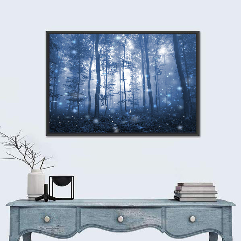 Blue Mist Forest at Twilight Wall Art in a room, landscape