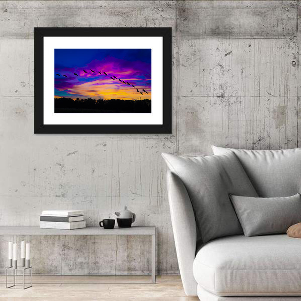 Silhouetted Cranes at Dusk Wall Art
