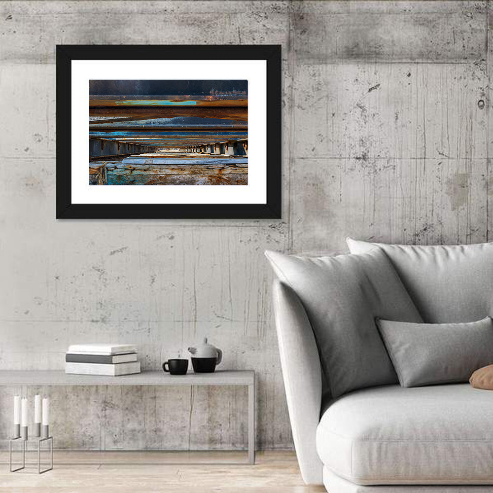 Weathered Dock Perspective Wall Art in a room, landscape