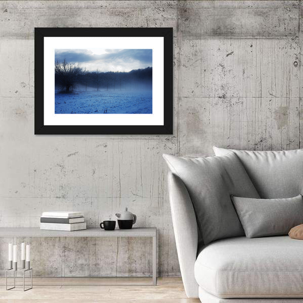 Snowy Italian Countryside Wall Art in a room, landscape
