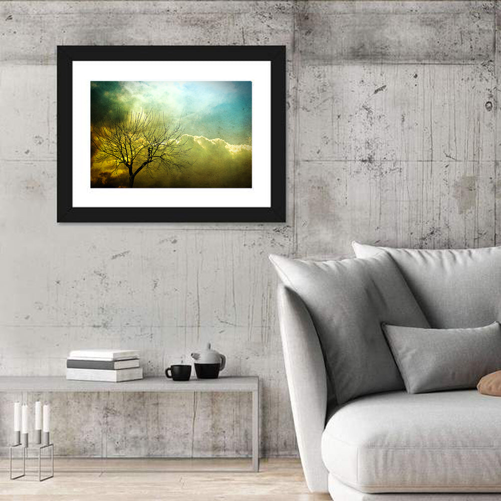 Moody Winter Tree Landscape Wall Art in a room, landscape