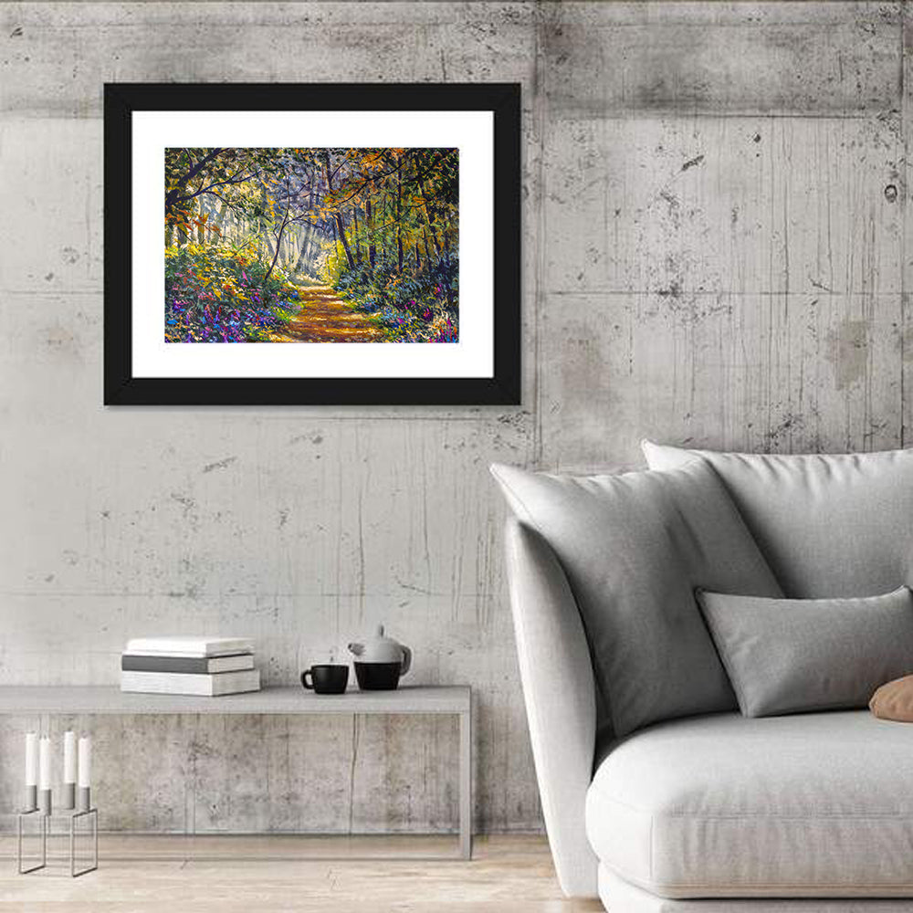 Sunlit Forest Path with Wildflowers Wall Art