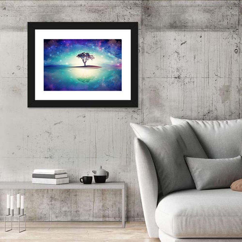 Glowing Island Tree Under Starry Nebula Wall Art