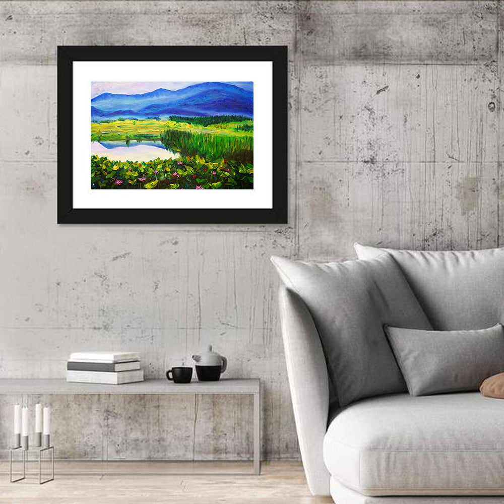 Summer Lake with Lotus Blossoms Wall Art in a room, landscape