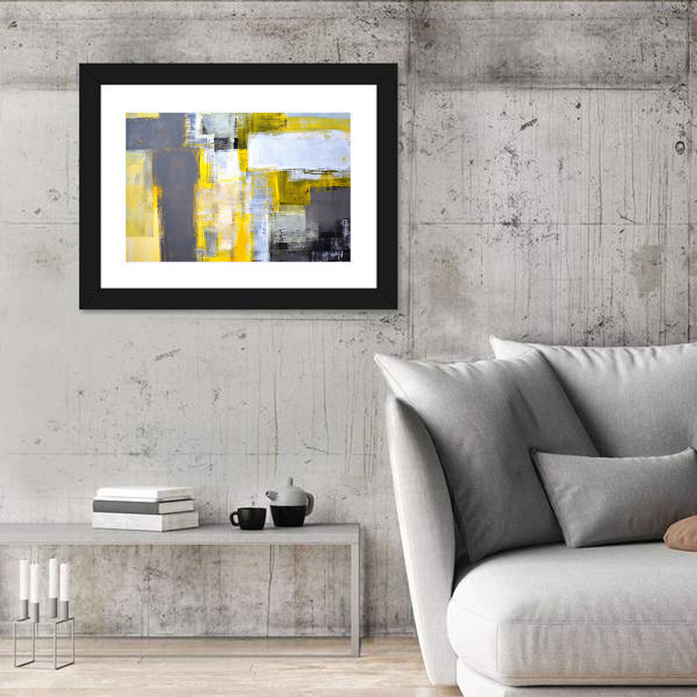Yellow and Gray Color Block Abstract Wall Art in a room, landscape