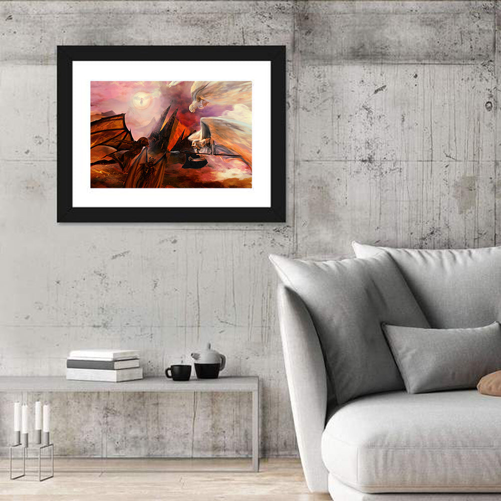 Celestial Battle: Angels and Demons Wall Art in a room, landscape