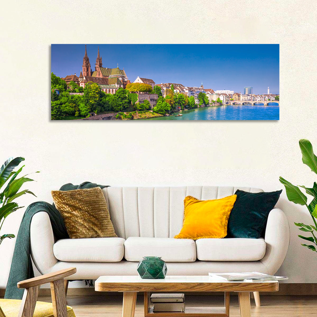 Basel Old City Riverside Wall Art in a room, panoramic