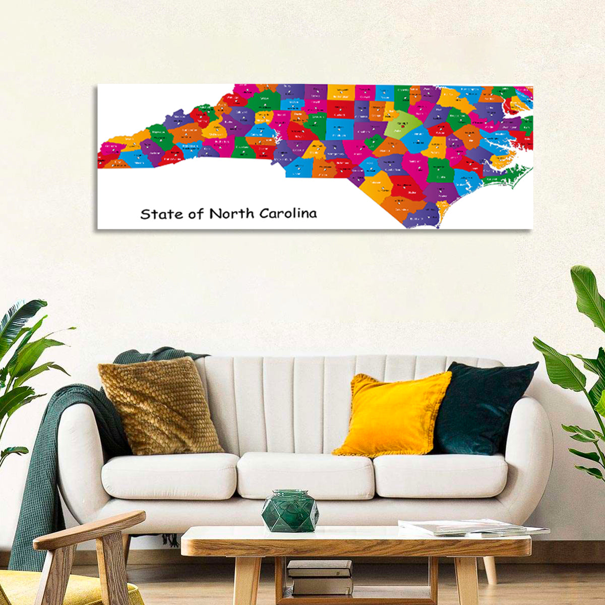 Colorful North Carolina Map Wall Art in a room, panoramic