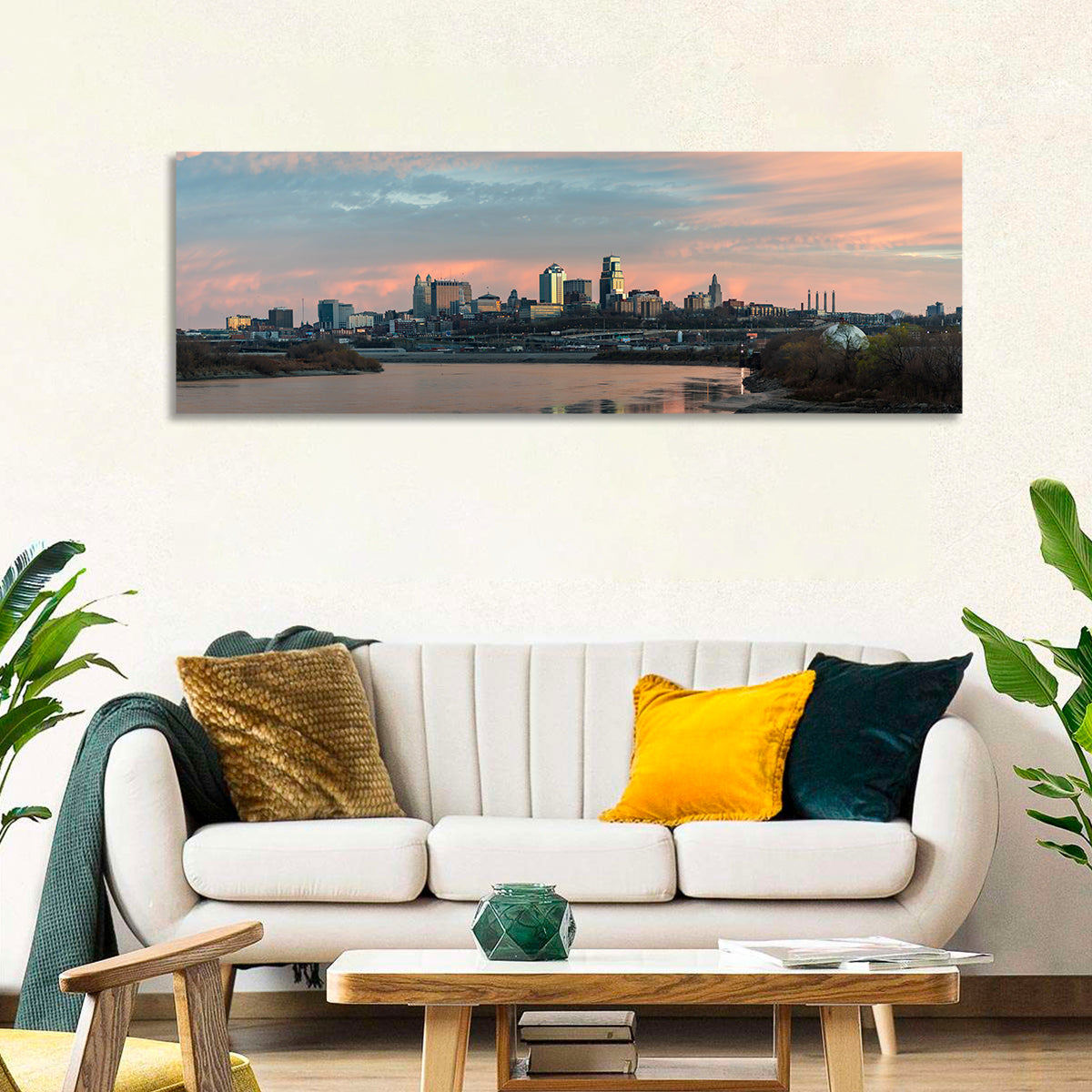 Kansas City Sunset Skyline Wall Art in a room, panoramic