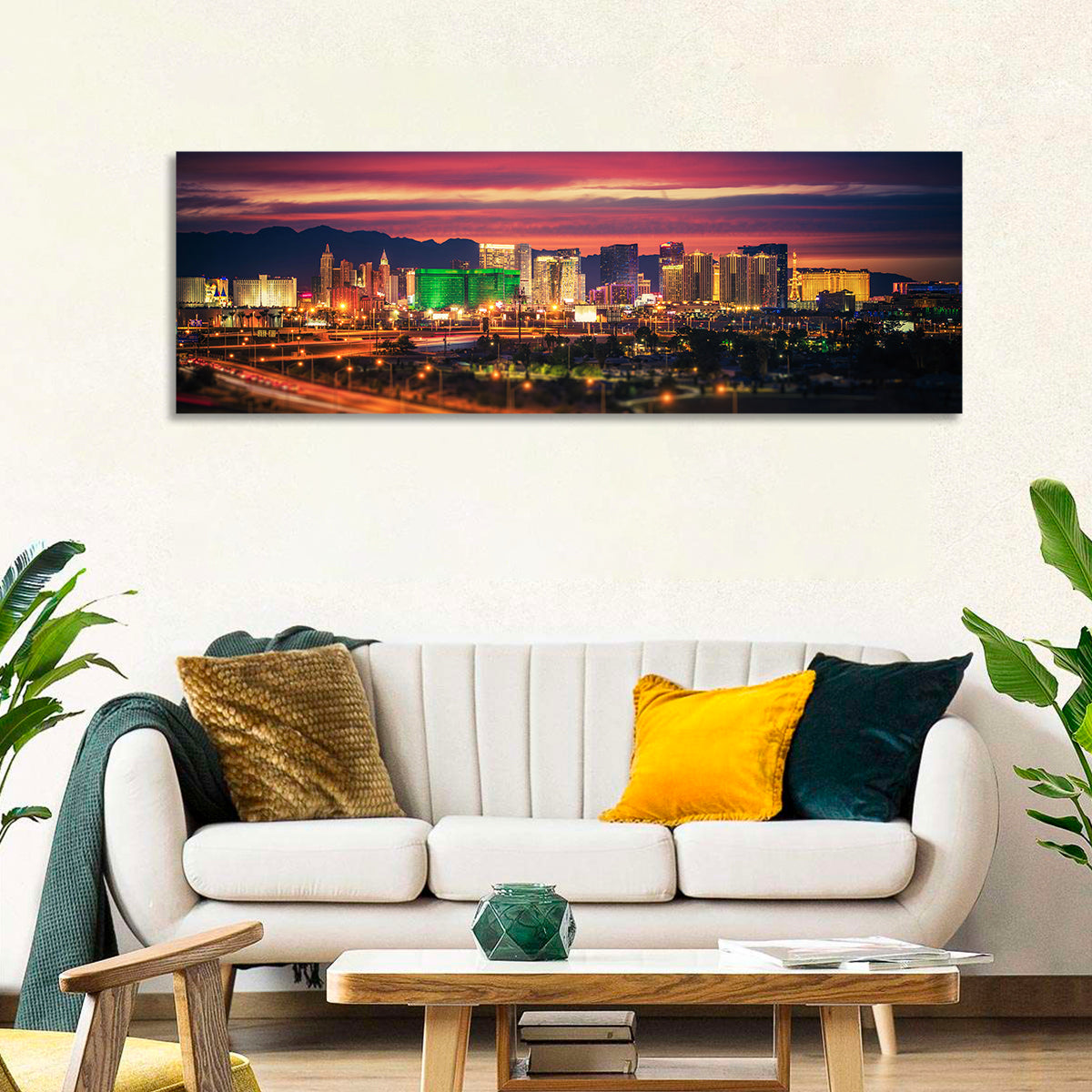 Las Vegas Twilight Skyline Wall Art in a room, panoramic