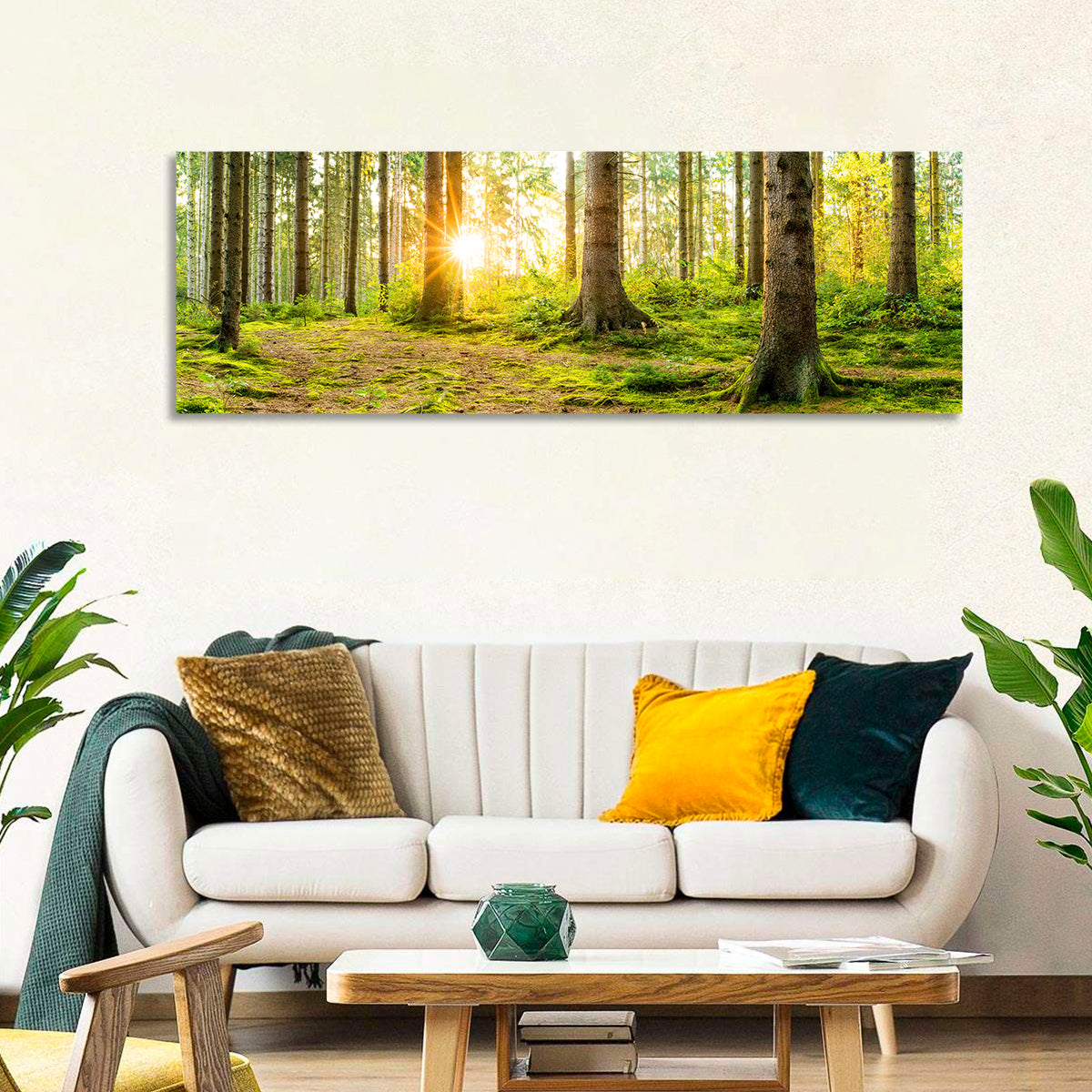 Sunburst Over Mossy Forest Wall Art in a room, panoramic