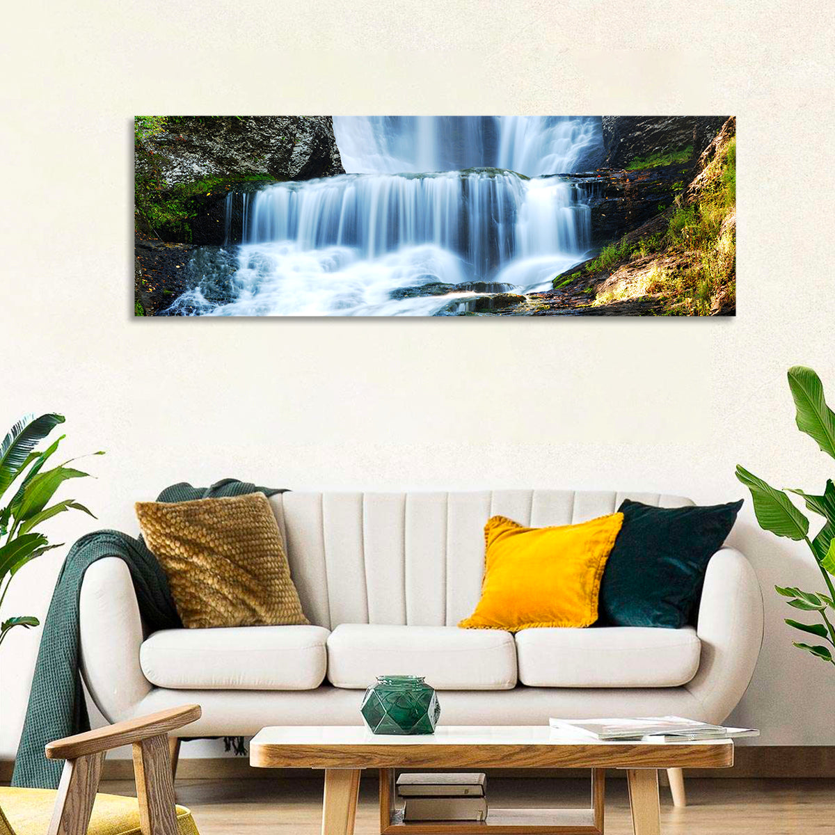 White Waterfall Over Mossy Rocks Wall Art