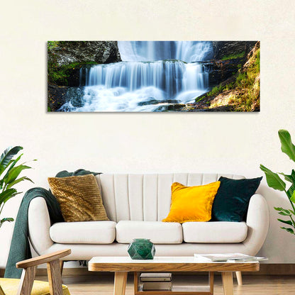 White Waterfall Over Mossy Rocks Wall Art
