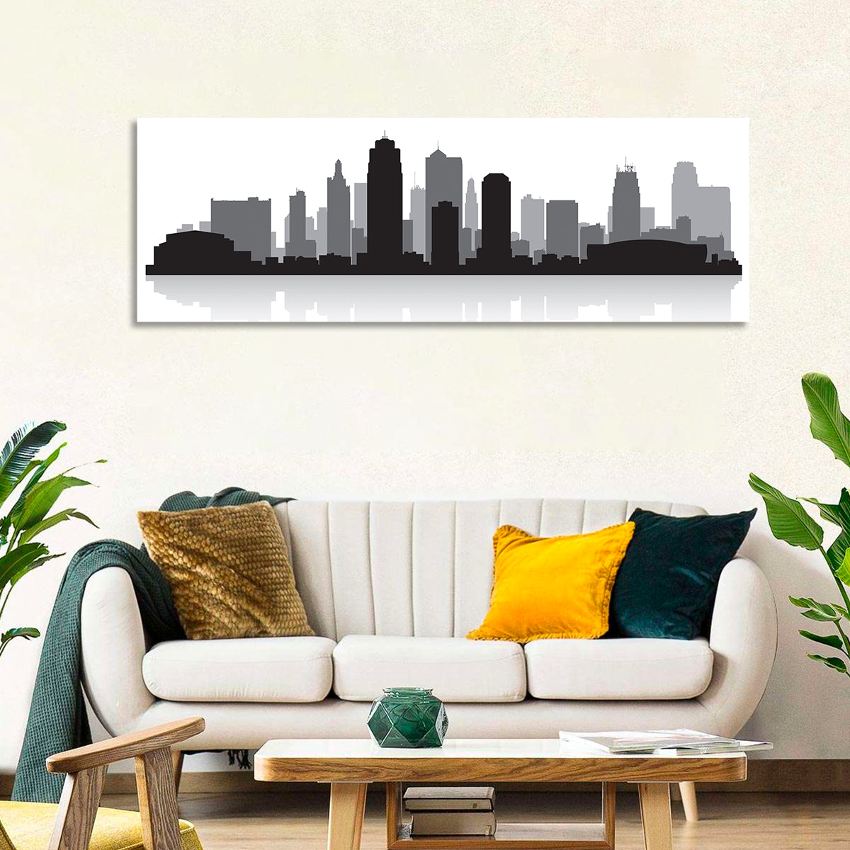 Kansas City Skyline Wall Art in a room, panoramic