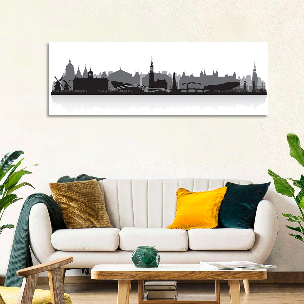 Amsterdam Skyline Silhouette Wall Art in a room, panoramic