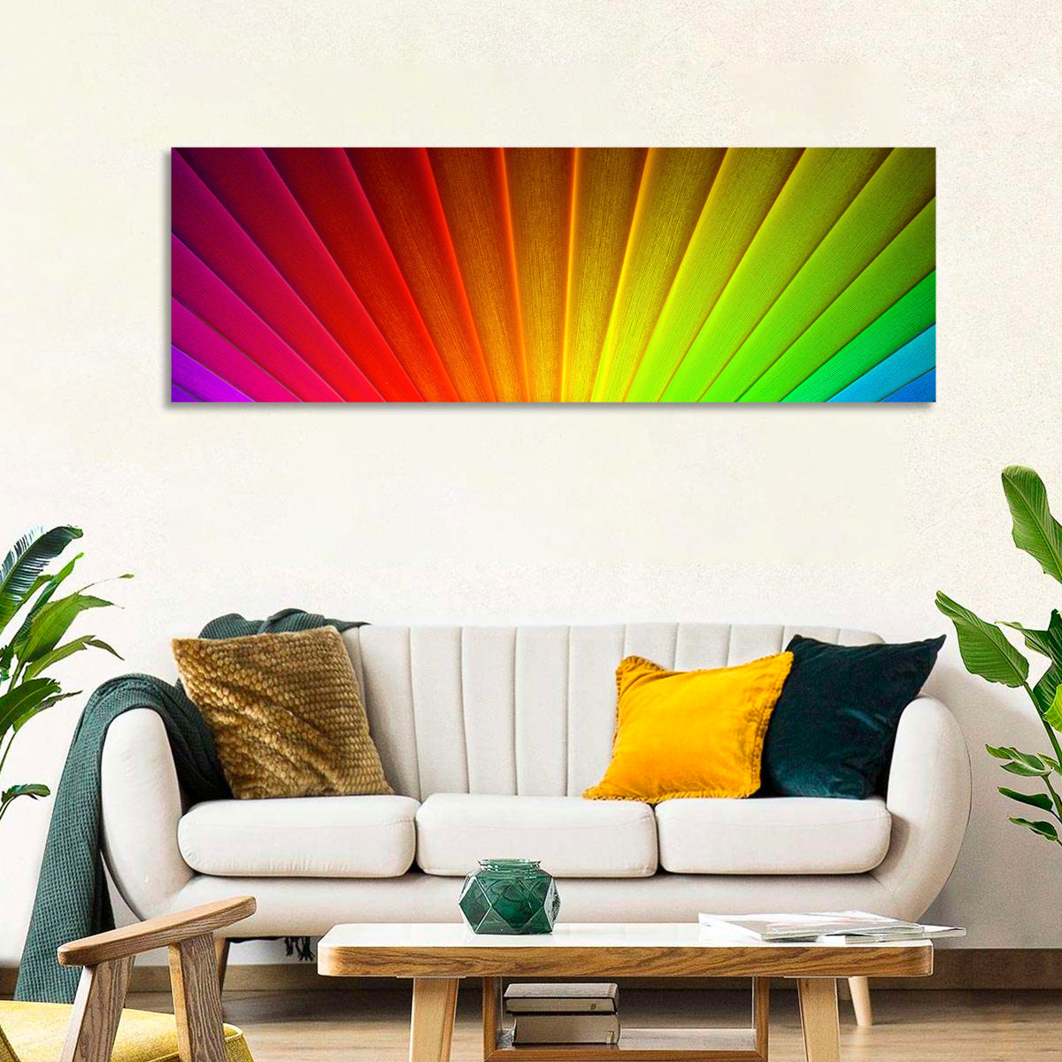 Geometric Rainbow Rays Wall Art in a room, panoramic