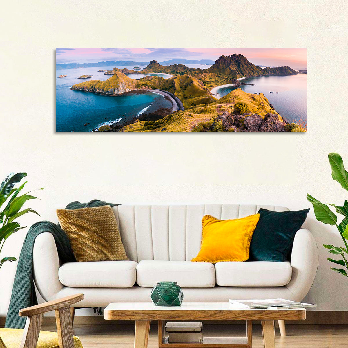 Padar Island Sunrise View Wall Art in a room, panoramic
