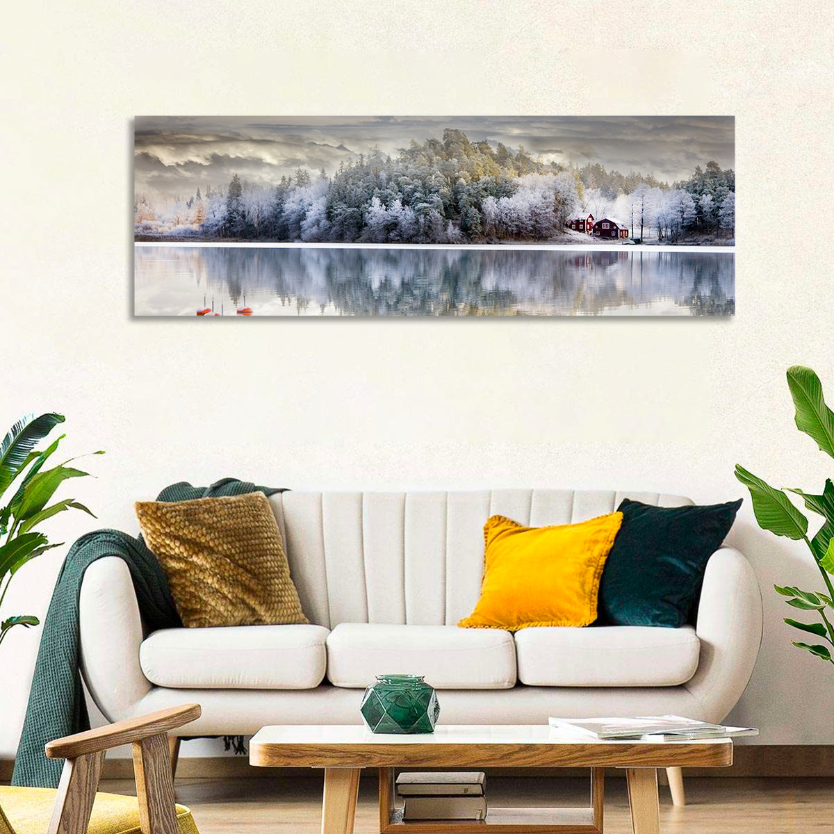 Red Cottage by a Frozen Lake Wall Art
