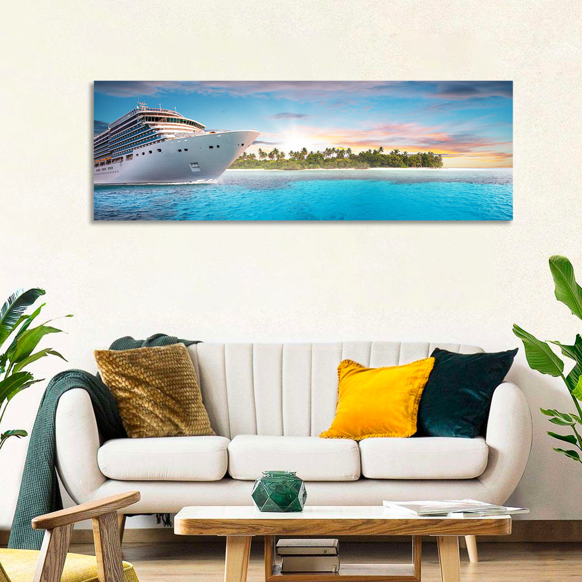 Cruise Ship at Tropical Sunset Wall Art in a room, panoramic