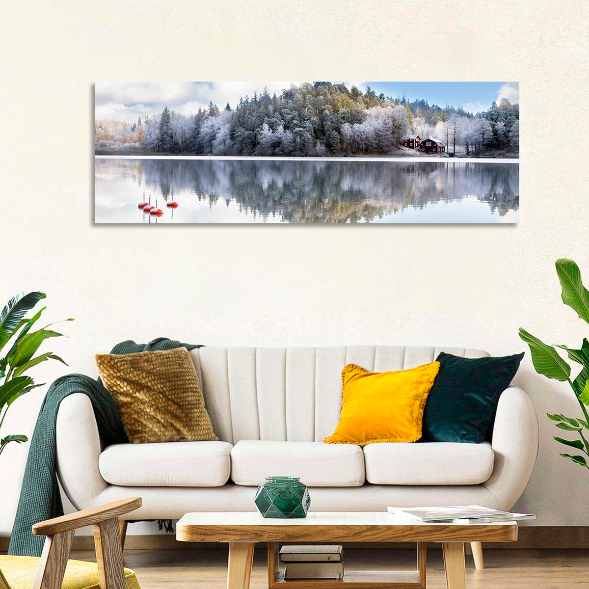 Red Cottages on Winter Lake Wall Art in a room, panoramic