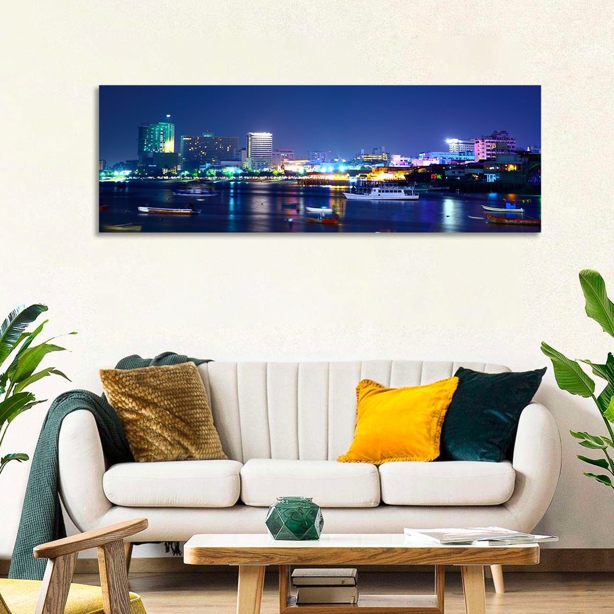Pattaya Bay Night Skyline Wall Art in a room, panoramic