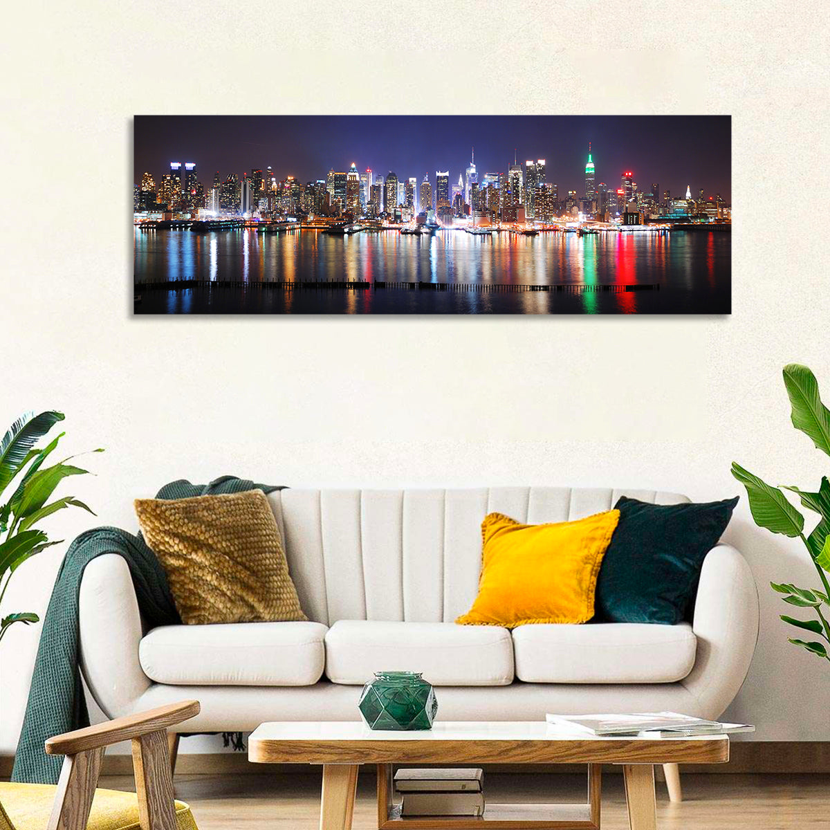New York Skyline Mirror Reflection at Night Wall Art in a room, panoramic