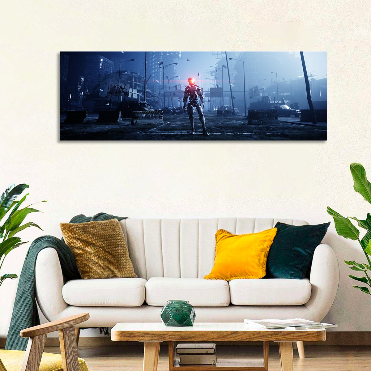 Alien Robot in Ruined City Wall Art in a room, panoramic
