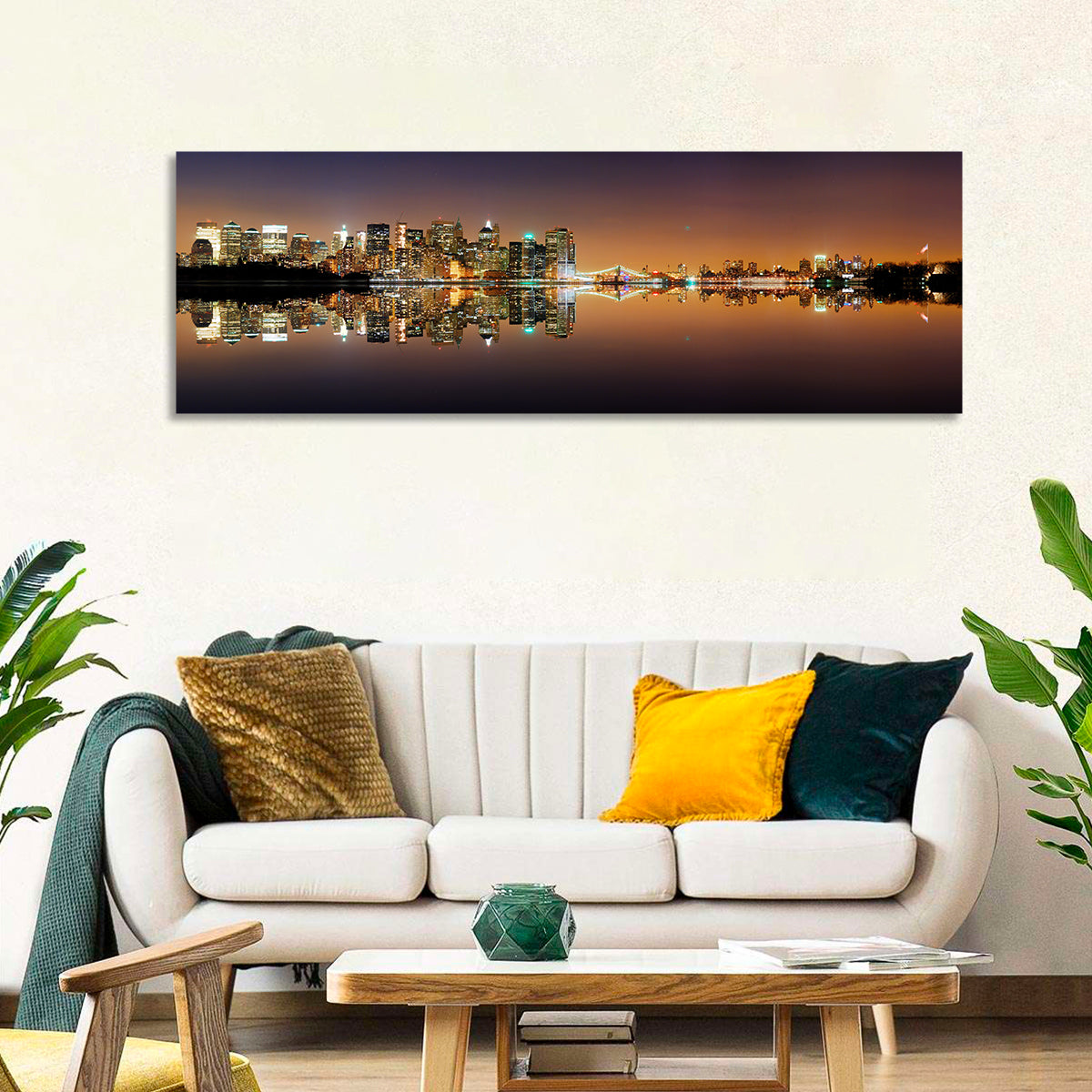 Manhattan Twilight Reflection Wall Art in a room, panoramic