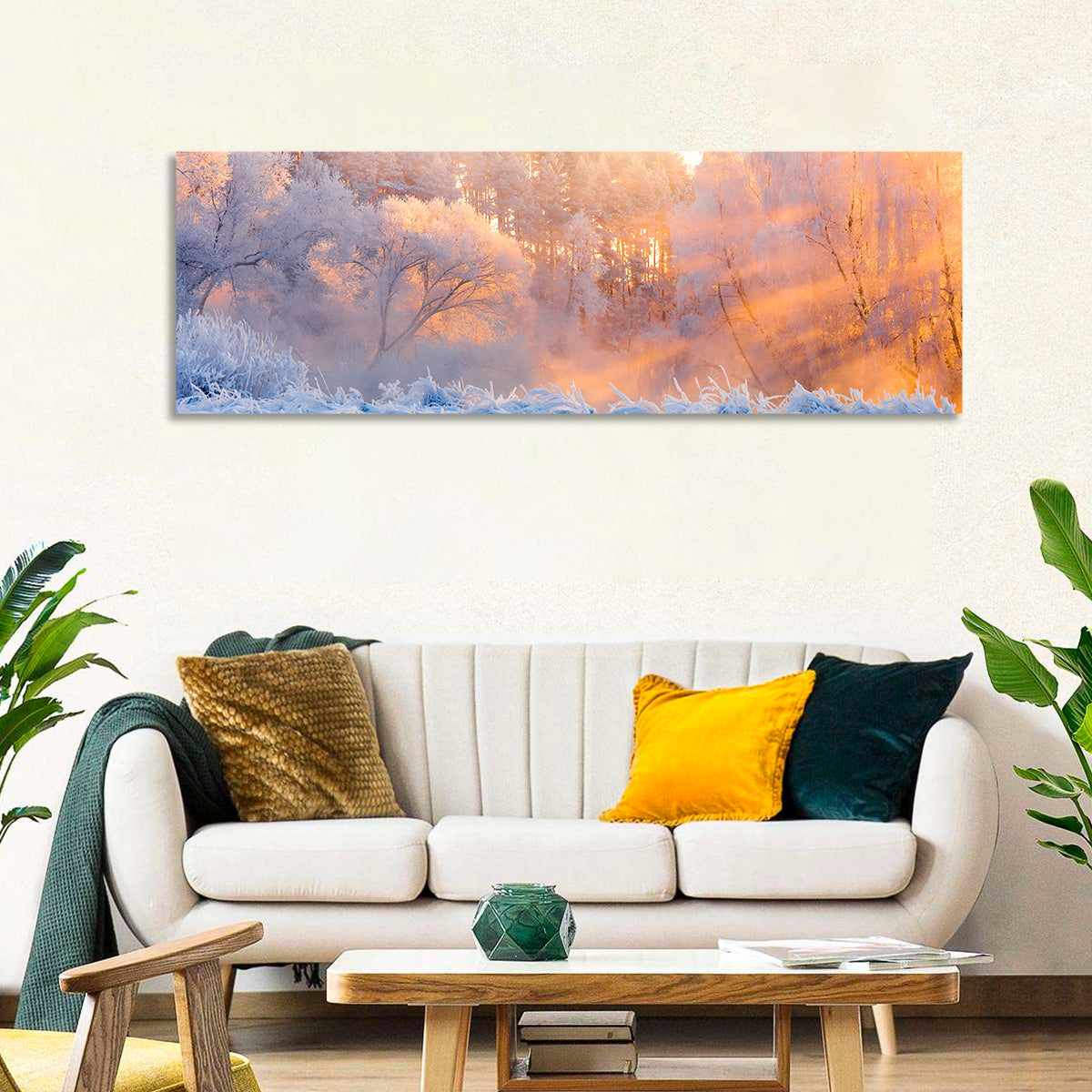 Sunlit Winter Forest Wall Art in a room, panoramic