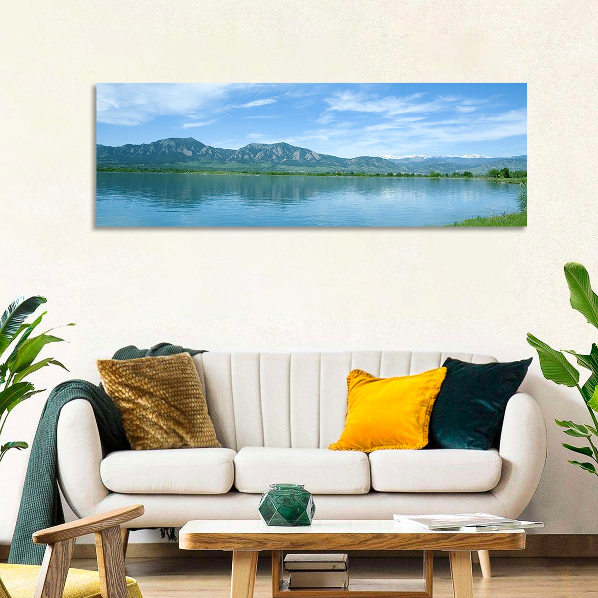Boulder Reservoir and Flatirons Wall Art in a room, panoramic