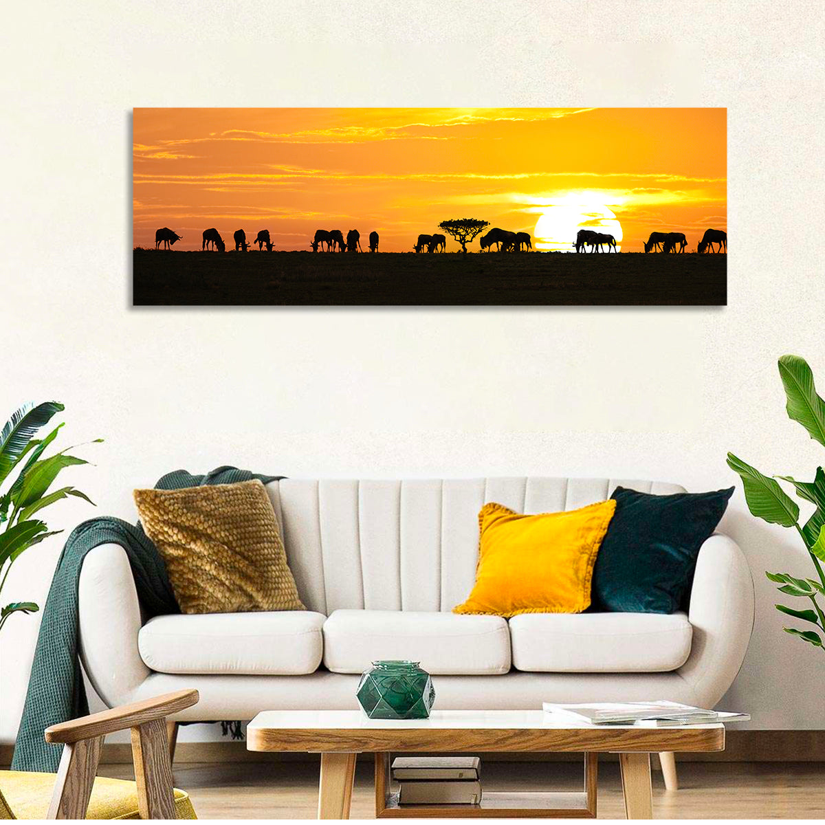 Wildebeest Silhouettes at Sunset Wall Art