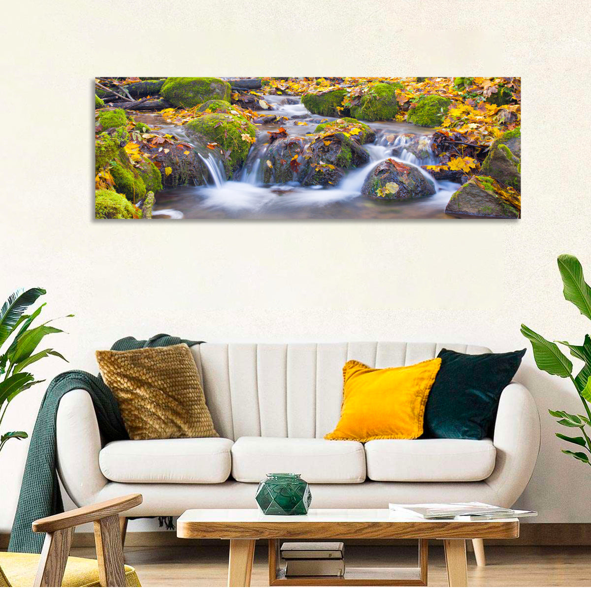 Mossy Autumn Stream Wall Art in a room, panoramic