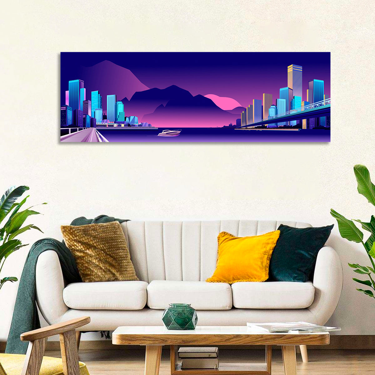 Purple Harbor Skyline Wall Art in a room, panoramic