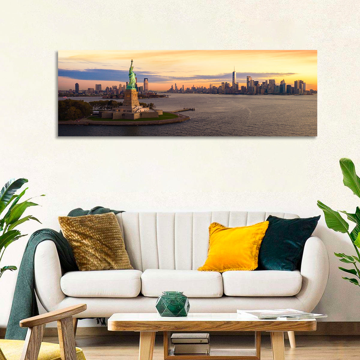 Statue of Liberty Golden Hour Wall Art in a room, panoramic