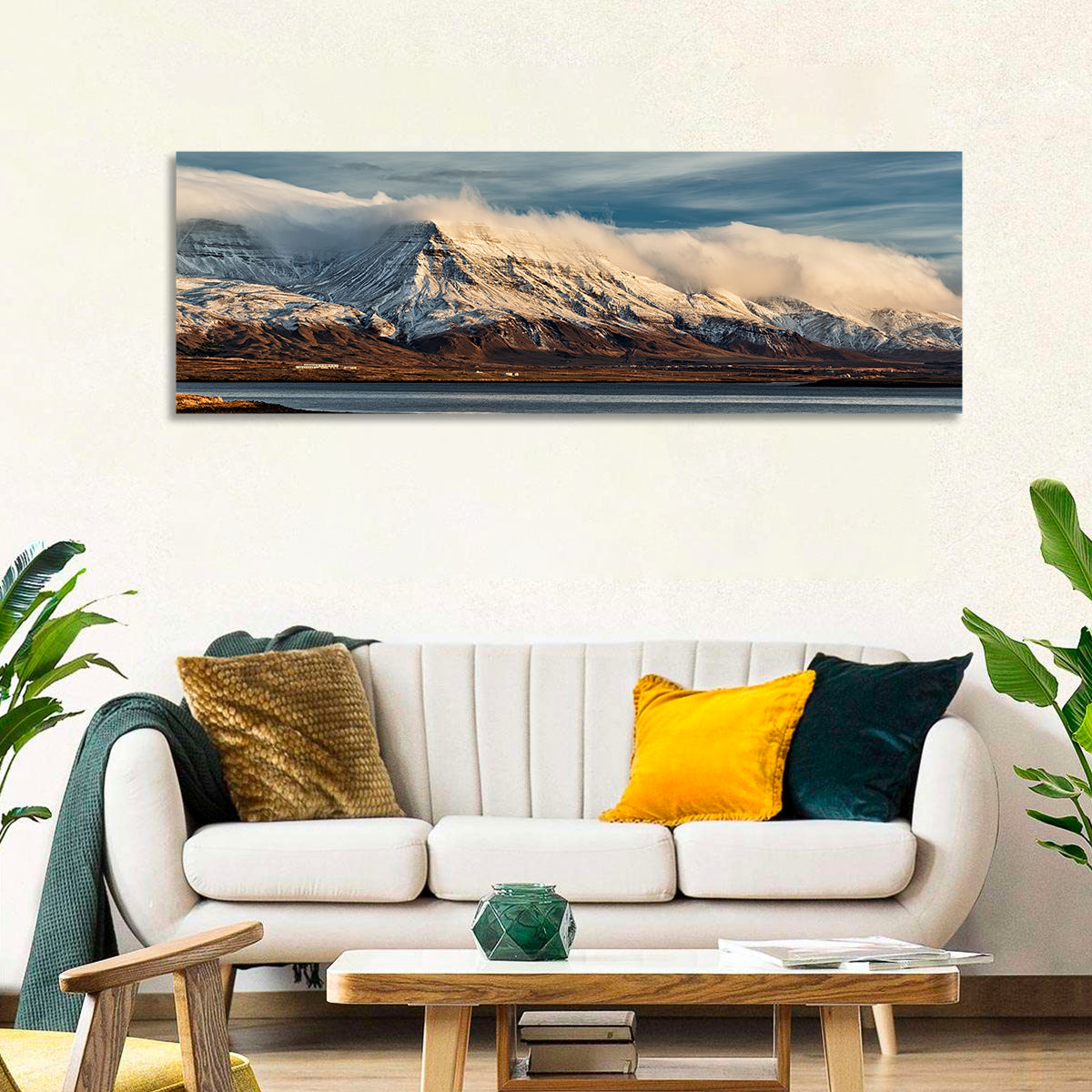 Reykjavik Golden Hour Mountains Wall Art in a room, panoramic