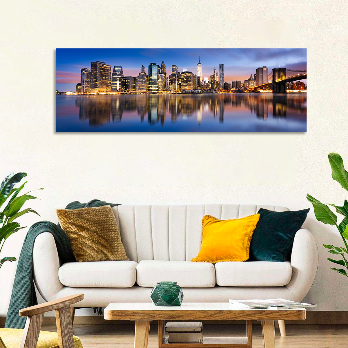 Manhattan Skyline at Twilight Wall Art in a room, panoramic