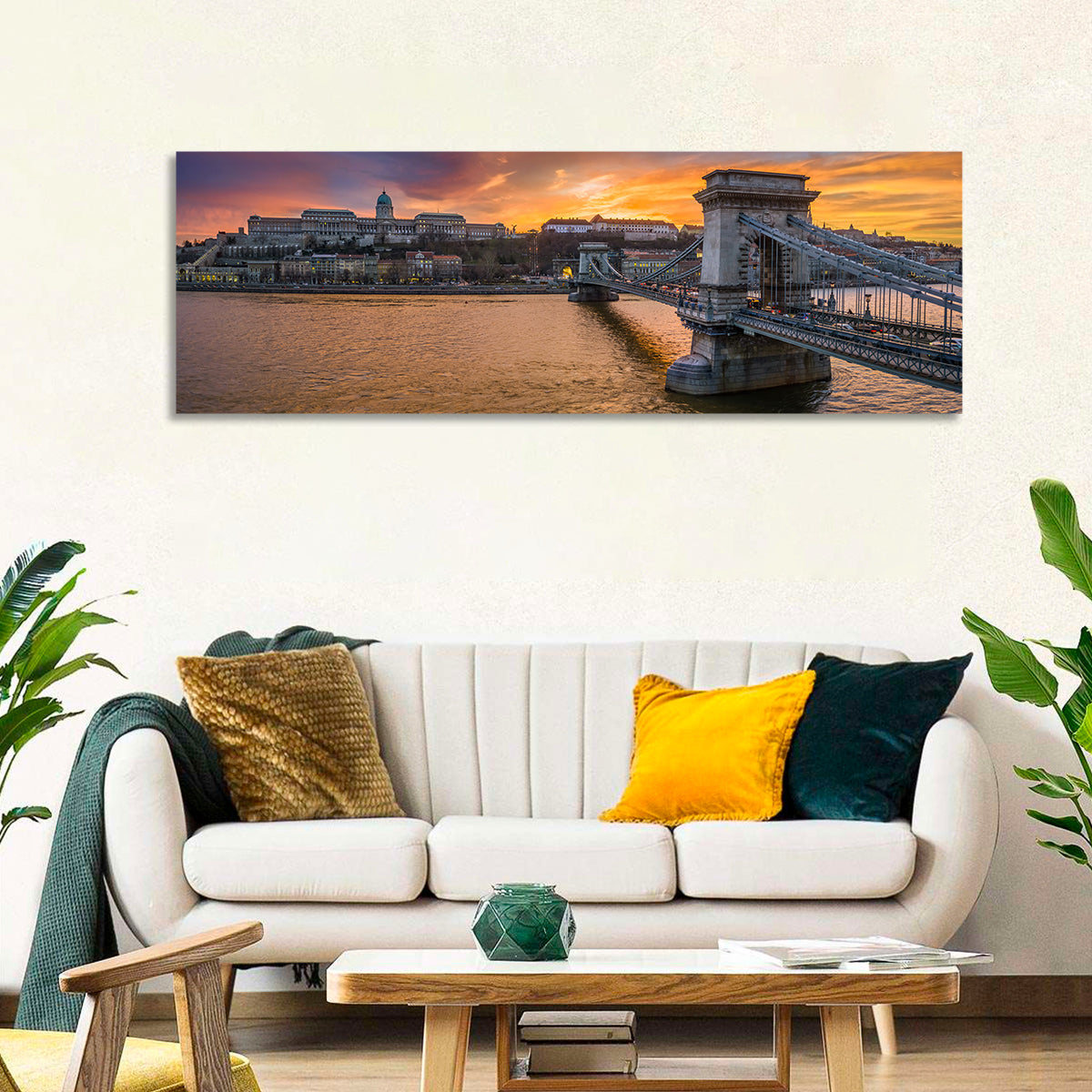 Budapest Chain Bridge at Golden Dusk Wall Art in a room, panoramic